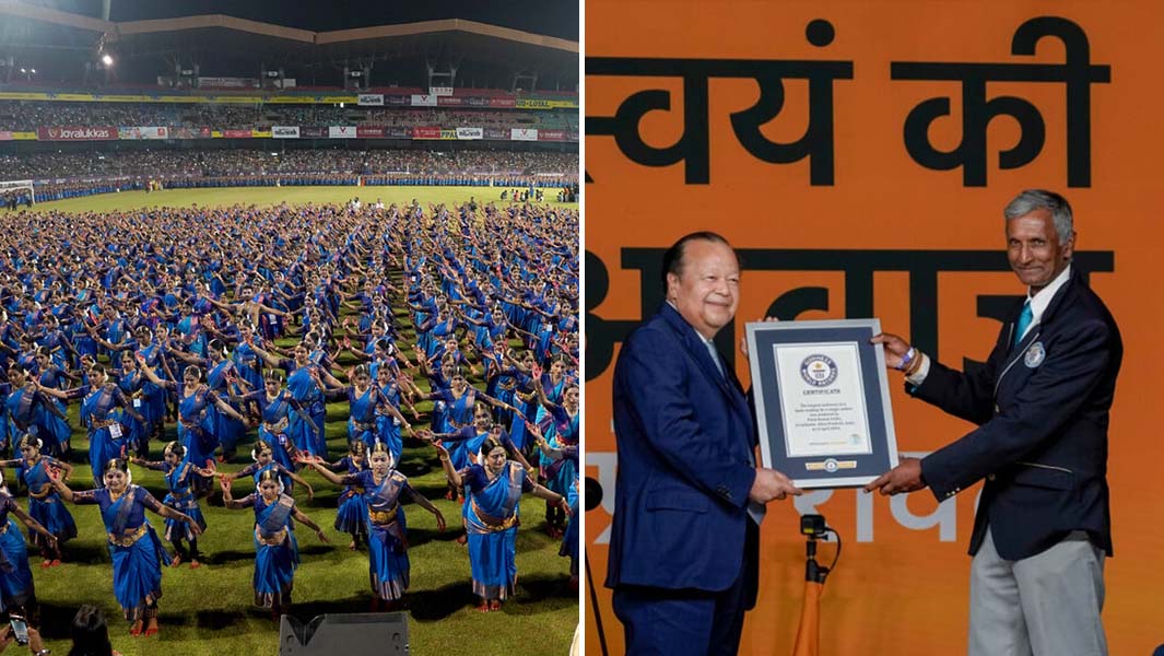 split image of dancers wearing blue saris and a guinness world records certificate presentation