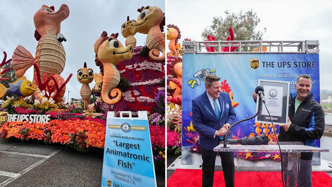 split image of orange largest animatronic fish and guinness world records certificate being presented