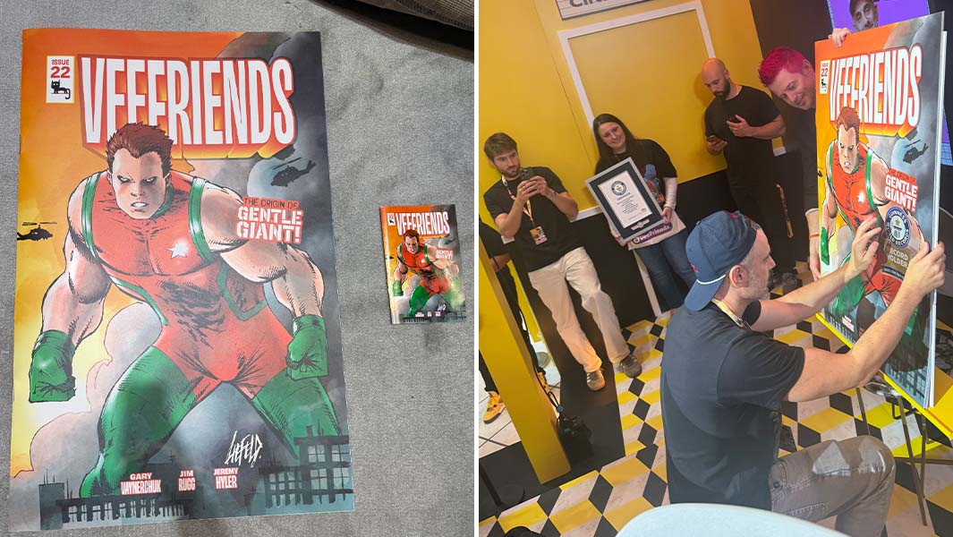 Split image of the large comic next to a small comic, and a VeeFriends employee setting up the comic