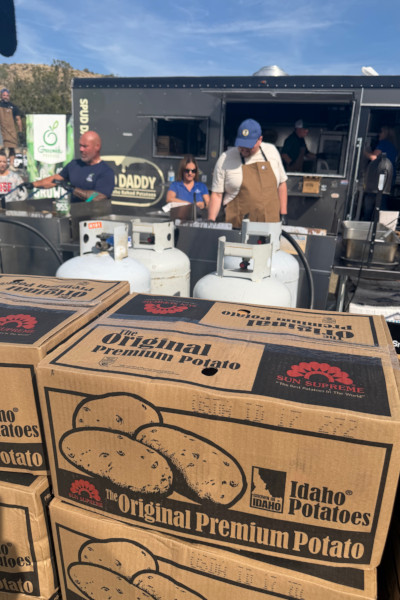 Closeup of the boxes of Idaho potatoes