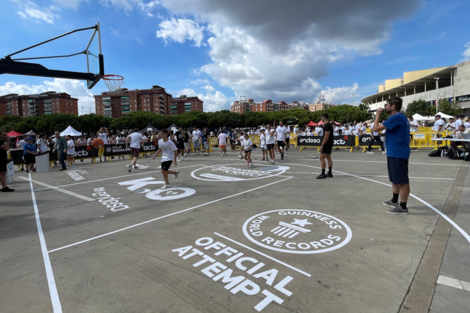 View courtside of everyone playing knockout basketball