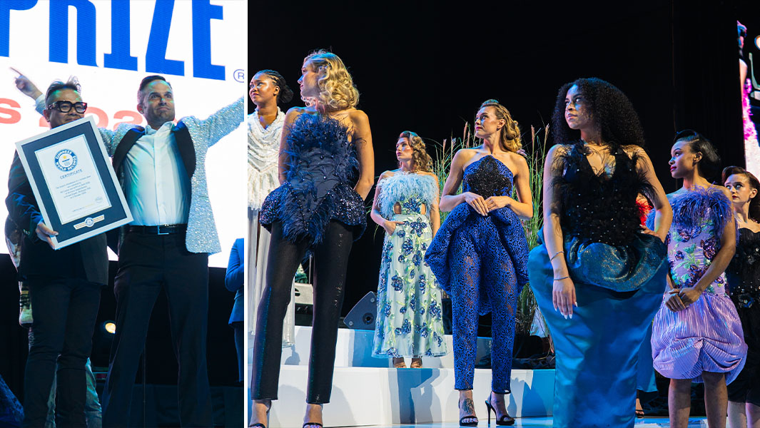 Split header image of ArtPrize organizer and designer holding GWR certificate, and the models onstage