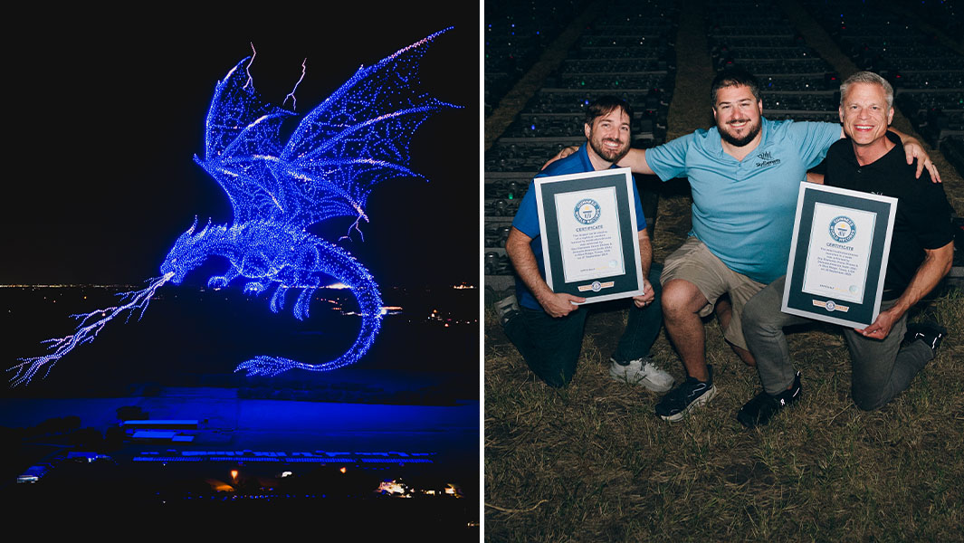 Split image of the drone dragon, and the organizers holding certificates next to the drones