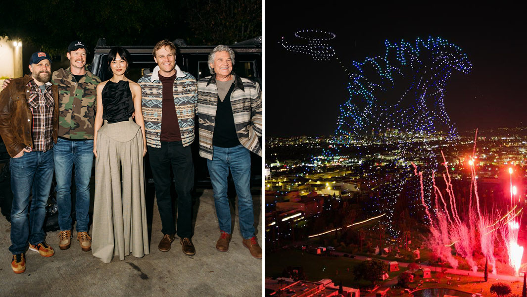 Split header of the Monarch cast and the Godzilla drone show