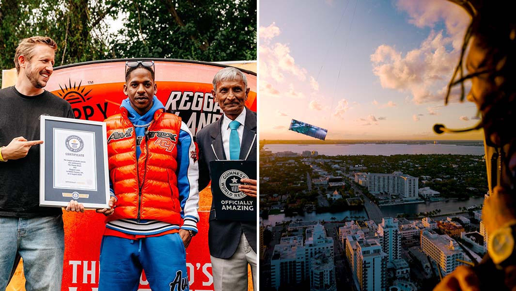 split image of three men standing next to a guinness world records certificate and a helicopter holding up a screen in the air
