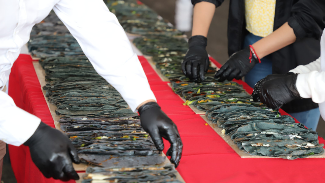 Chefs assembling a giant line of quesadillas