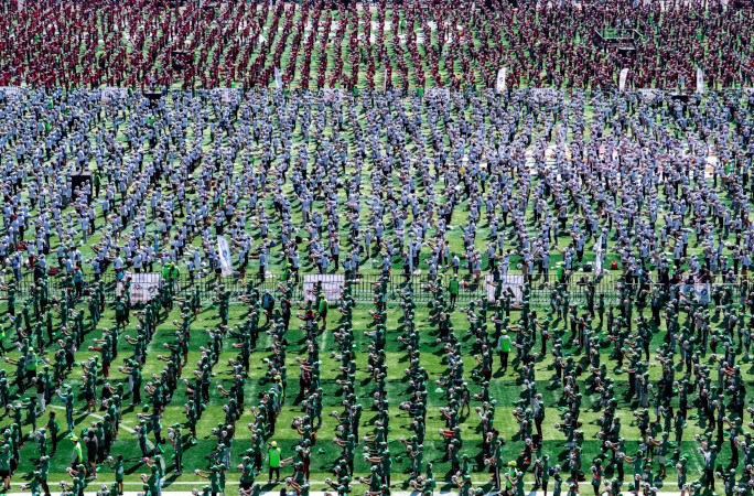 Closeup of the crowd in their tricoloured shirts