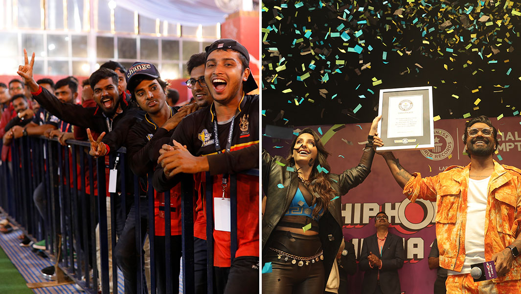 split image of a crowd cheering and a man and a woman hold up a guinness world records certificate while confetti rains