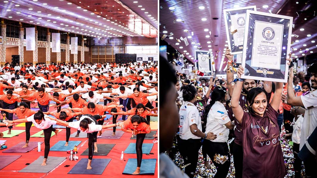 split image of a group of people performing yoga poses and a woman holding up a guinness world records certificate