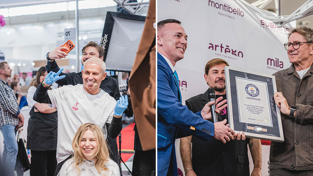 split image of a male hairdressing making a peace sign out of his hands and a guinness world records certificate being presented