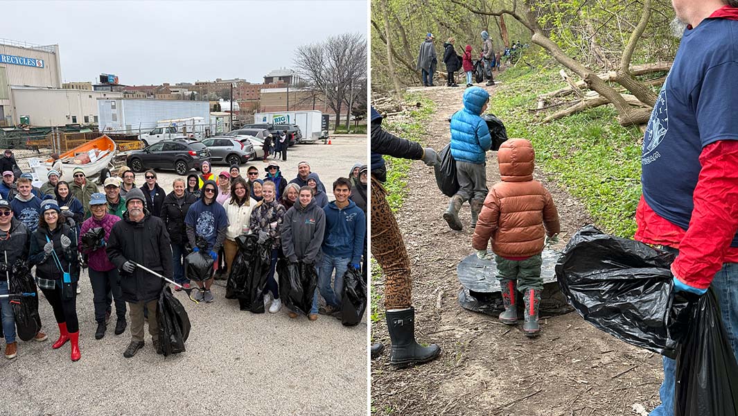 Split image of two groups of people gathered for the Milwaukee River Spring Cleanup