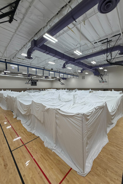 Birdseye view of the blanket fort in the gym