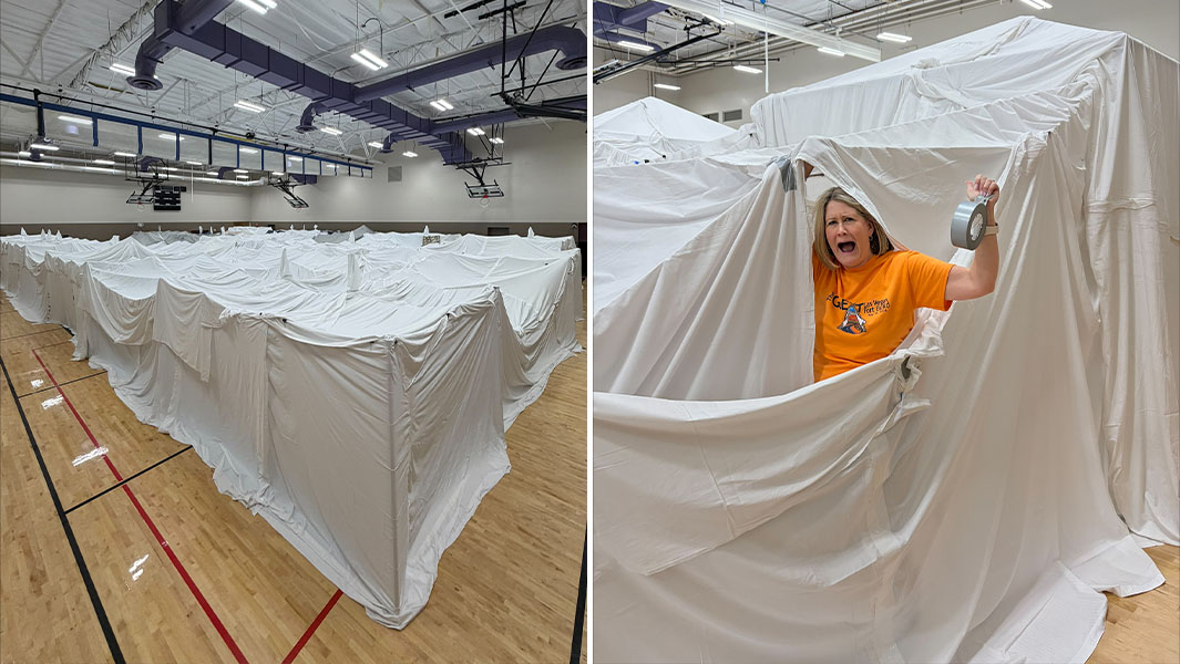 Split image of the blanket fort and a woman sticking out her head from the blankets