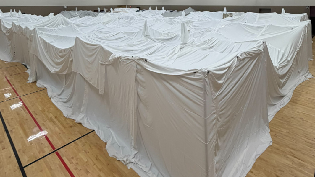 Split image of the blanket fort and a woman sticking out her head from the blankets