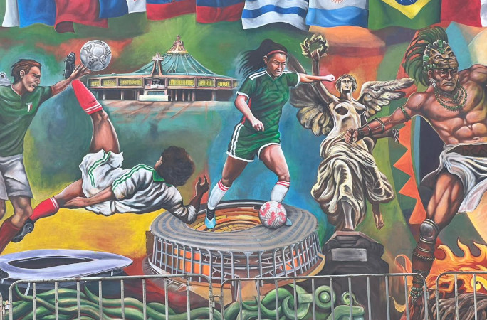Closeup of the mural depicting a female player and a Mesoamerican warrior