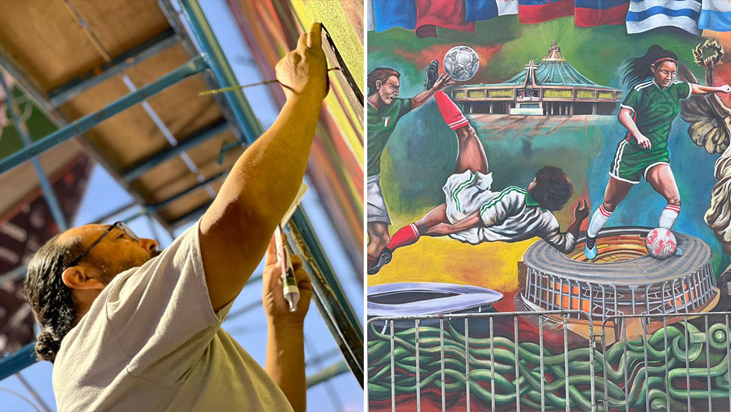 Split image of a worker painting and a close up of the mural