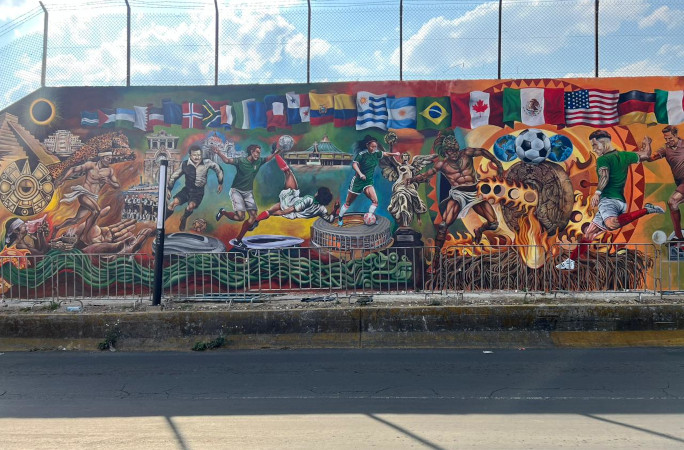 Zoomed out view of the mural from across the street