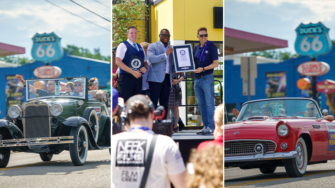 Three way split image of two vintage cars, and Adjudicator giving a certificate to the organizers