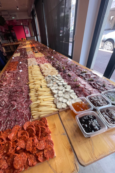 The charcuterie board laid out inside