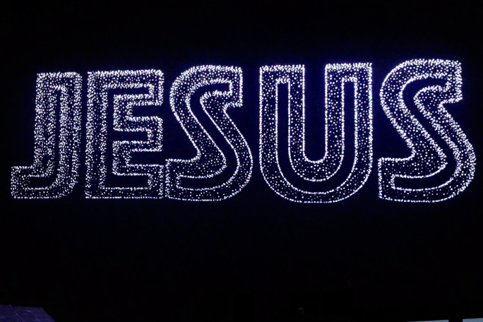 Drones arranged in the shape of the word JESUS