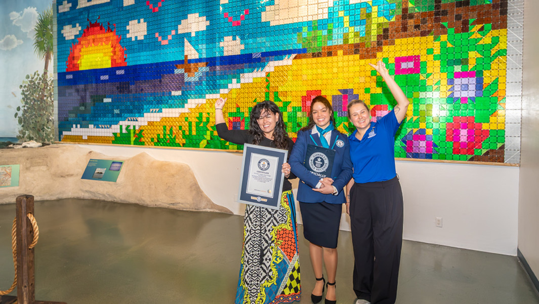 Adjudicator with GWR certificate and event organizers in front of the mosaic