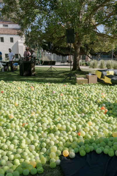 All the collected balls spread out across the field