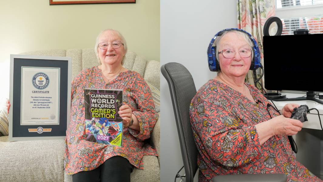 A split image of Cath Bowie, the oldest female Fornite streamer on Twitch. On the left she proudly holds up her World Record certificate along with a copy of the Gamer's Edition 2027, and on the right she holds her gamepad in front of her computer screen.