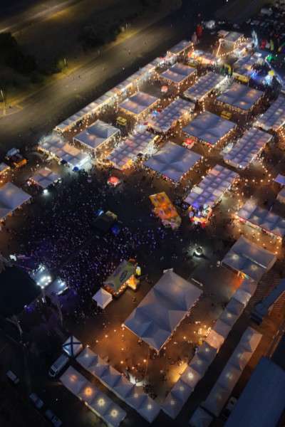Drone shot of all the stalls from above at night