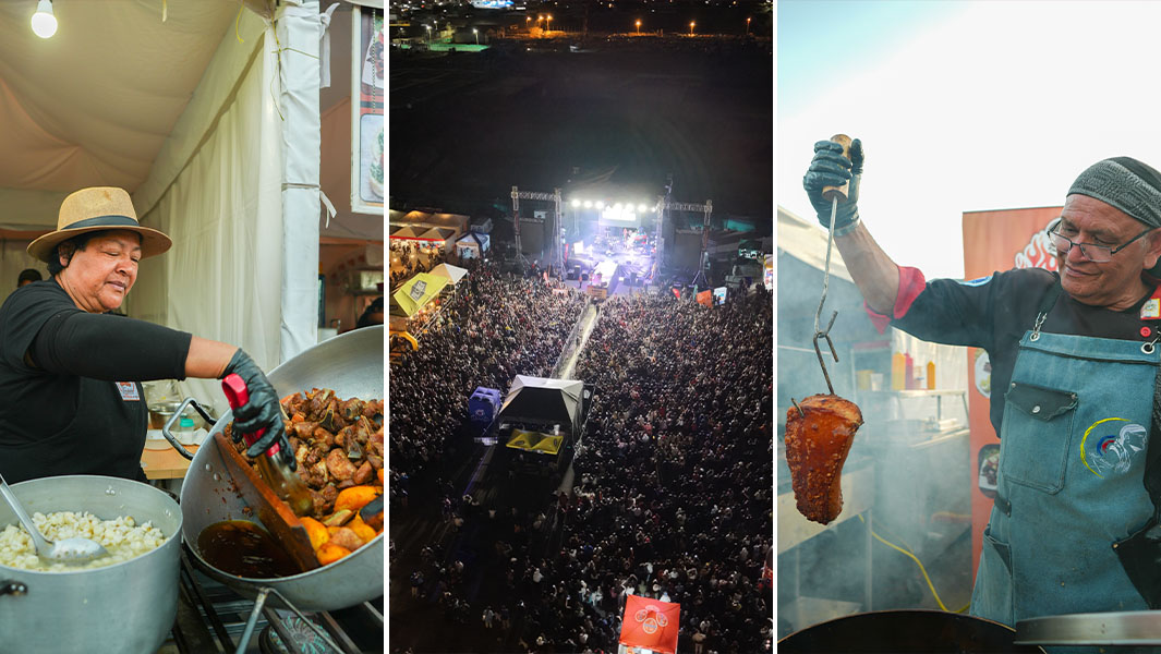 Three way split image, exterior pictures showing women serving food, middle picture showing the giant crowd