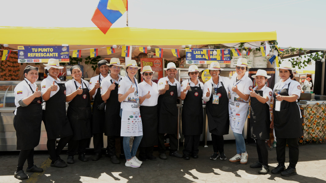 Three way split image, exterior pictures showing women serving food, middle picture showing the giant crowd