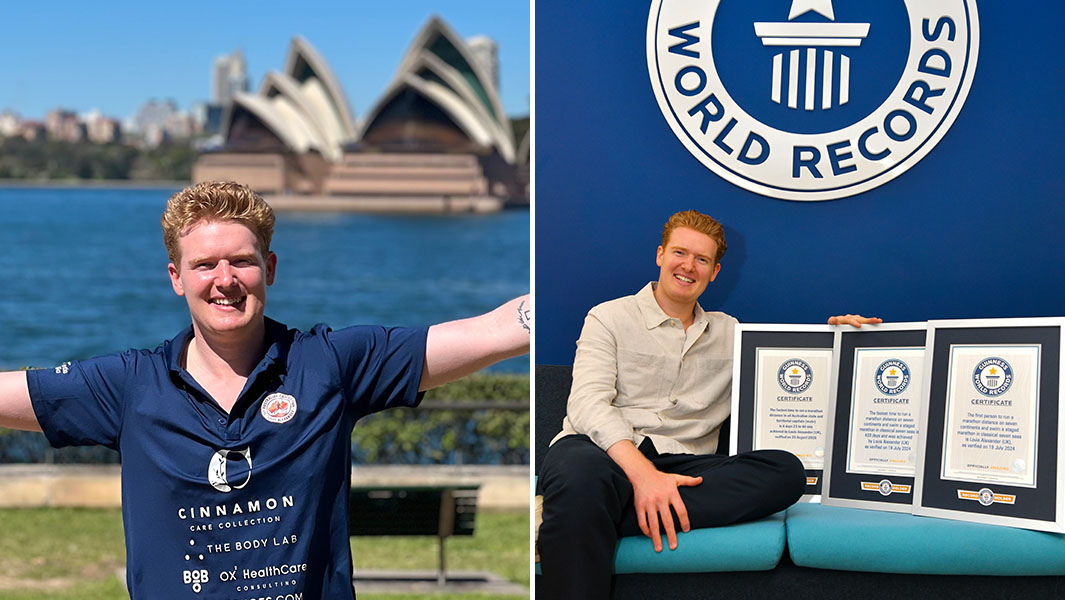 split image of louis in australia in front of sydney opera house and him sitting next to his three guinness world records certificates