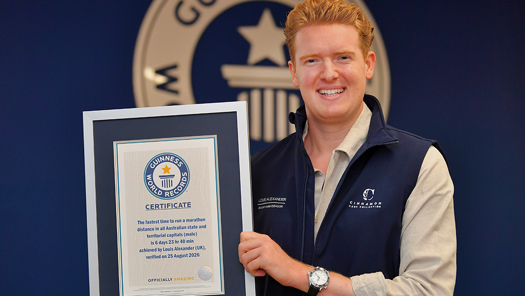 split image of louis in australia in front of sydney opera house and him sitting next to his three guinness world records certificates