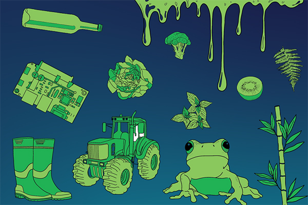 Green game illustrations with blue background