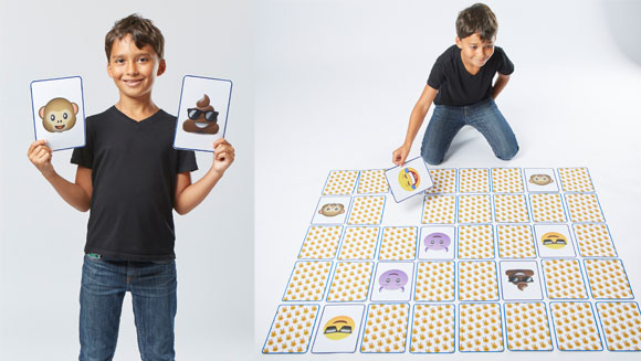 collage of boy playing emoji pairs and holding up emoji pair cards