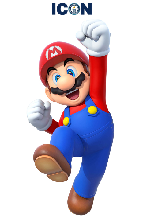 Super Mario with his fist up and logo