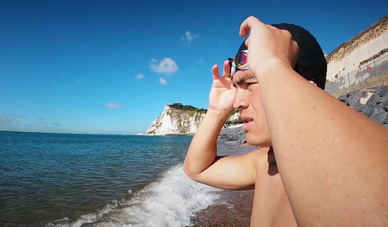 Ocean swimmer Andy Donaldson on Shakespeare Beach about to swim English Channel