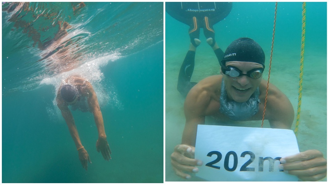 Longest distance swum underwater with one breath using fins (open water, male) Guinness World