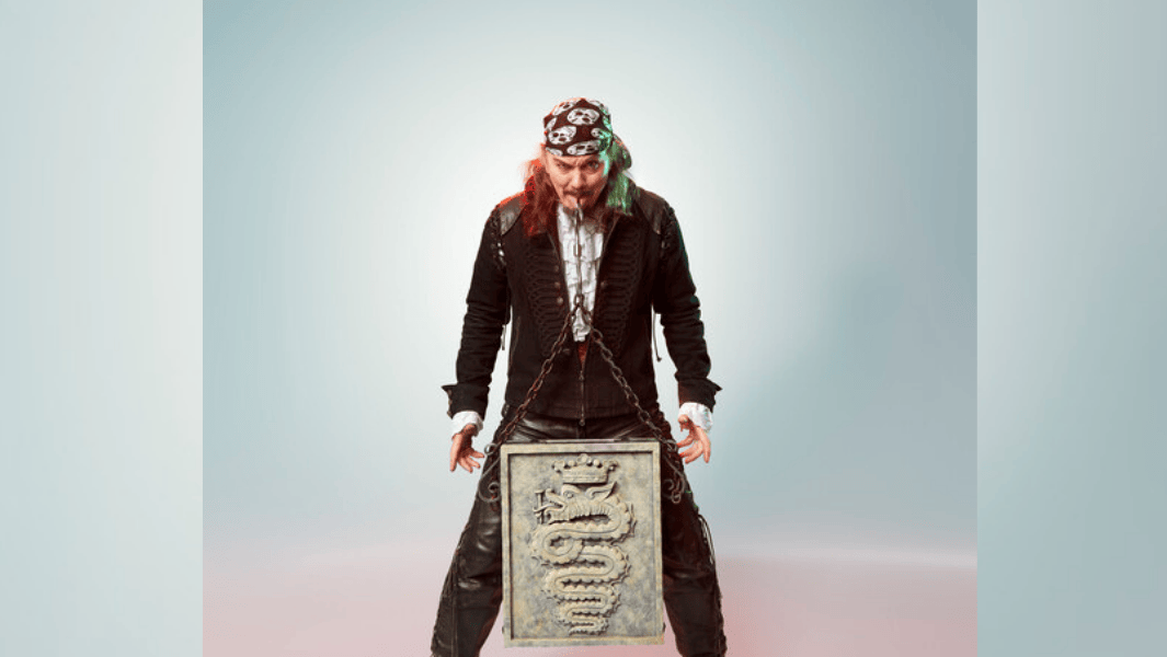 Split image of a man lifting weight with his tongue; another man lifting weight with his nipples